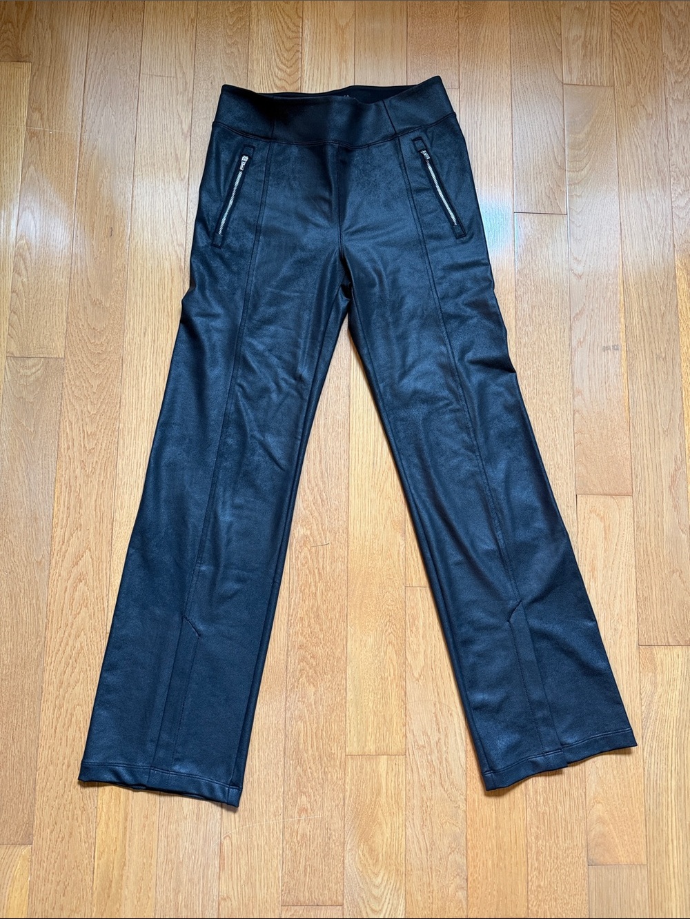 Athleta Black Faux-Leather Boot-Cut Pants with Zip Pockets